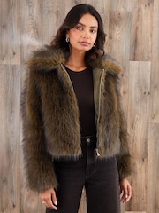 Threadbare Green Faux Fur Zip Through Coat - Image 1 of 5