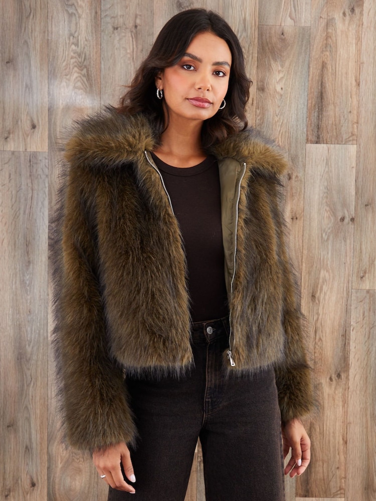 Threadbare Green Faux Fur Zip Through Coat - Image 1 of 5