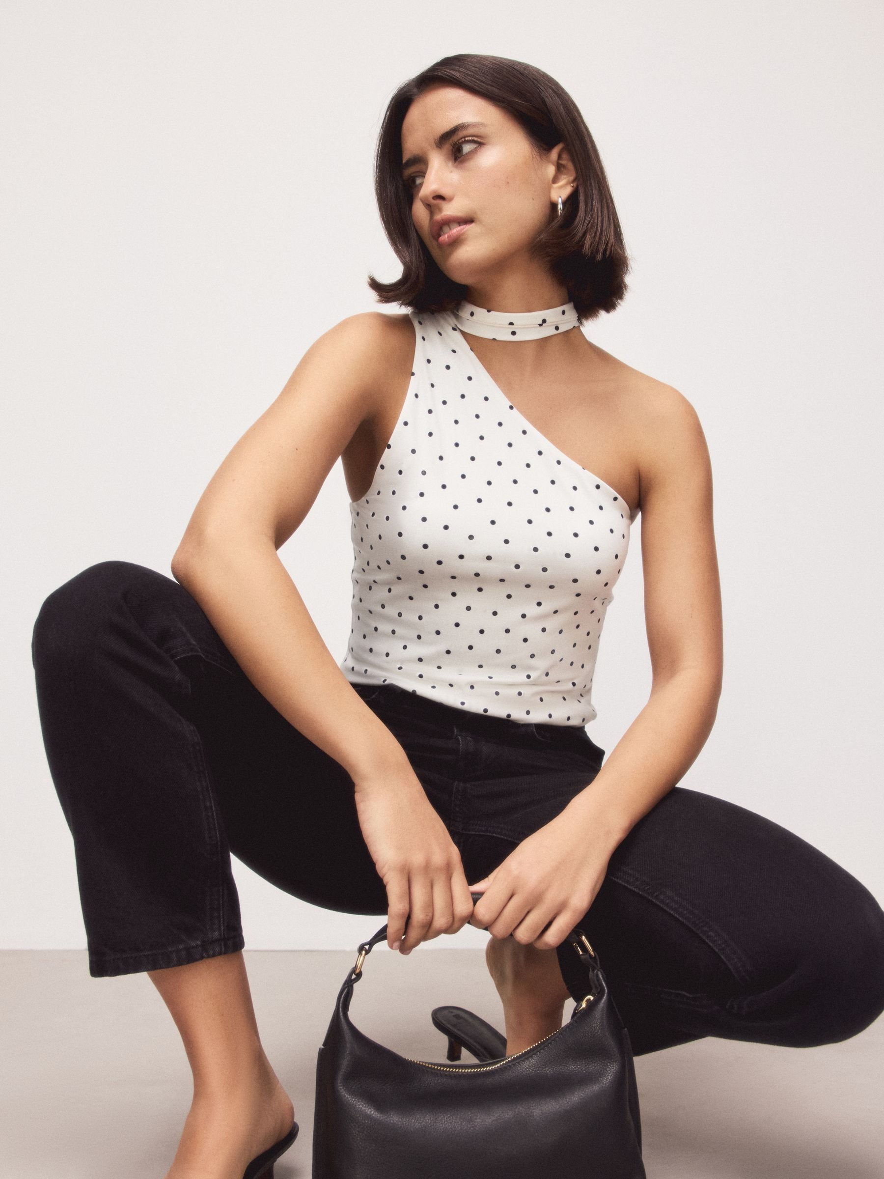 Buy Ecru/Black Polka Dot Soft Touch Slinky Scarf Neck Top from the