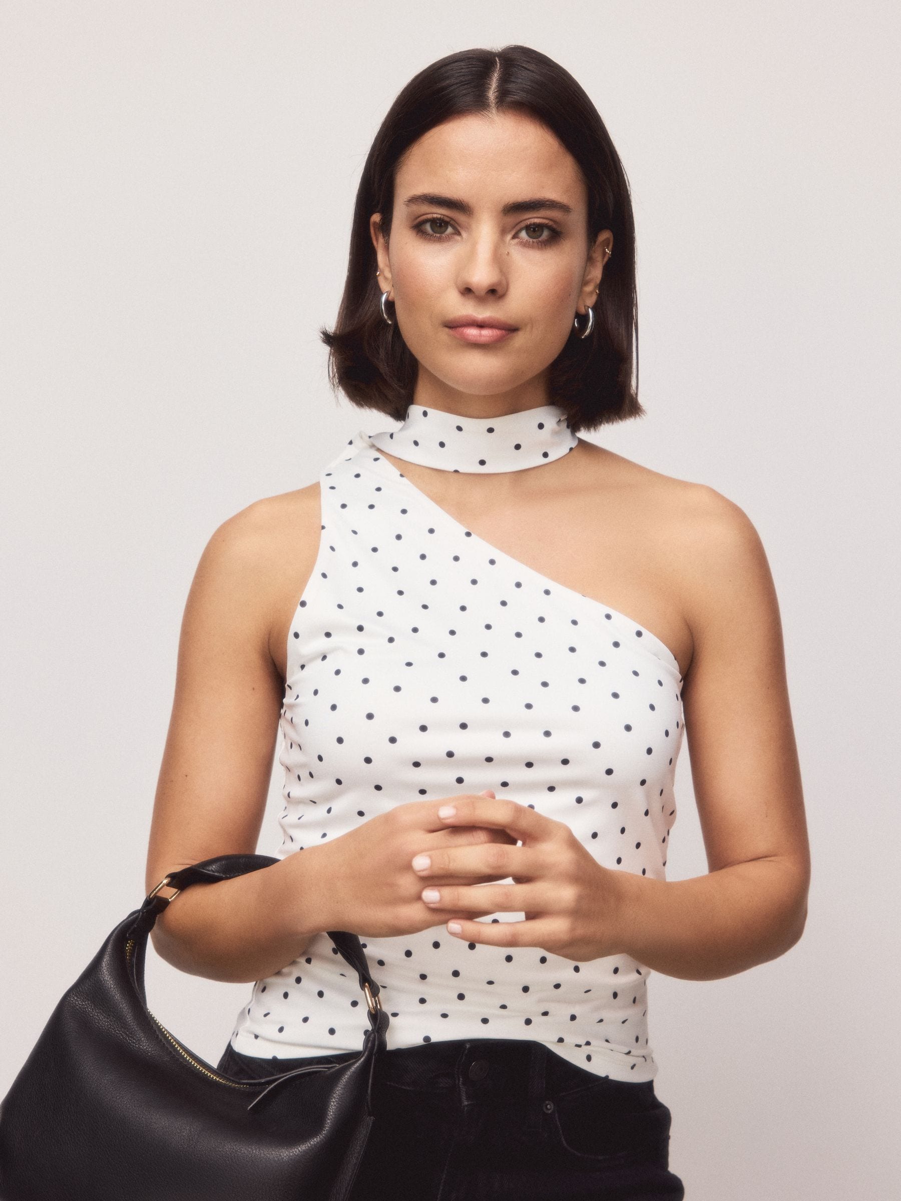 Buy Ecru/Black Polka Dot Soft Touch Slinky Scarf Neck Top from the