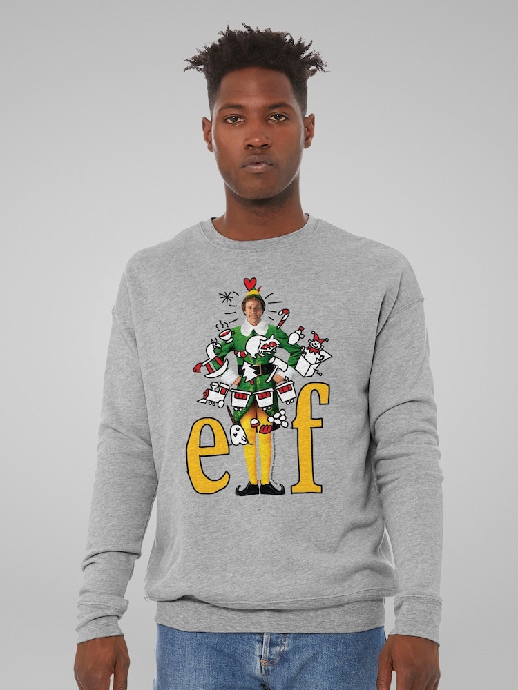 All + Every Grey Elf Buddy Cartoon Christmas Drawings Sweat Top - Image 1 of 4 All + Every Grey Elf Buddy Cartoon Christmas Drawings Sweat Top - Image 1 of 4