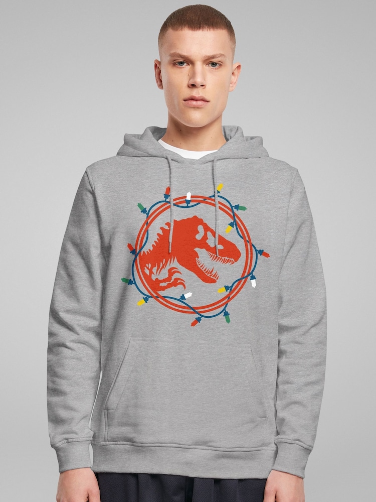 All + Every Grey Jurassic Park Christmas Logo Festive Lights Hooded Sweatshirt - Image 1 of 4 All + Every Grey Jurassic Park Christmas Logo Festive Lights Hooded Sweatshirt - Image 1 of 4