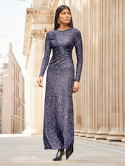 Ro&Zo Blue Sparkle Ruched Front Long Sleeve Dress - Image 1 of 2