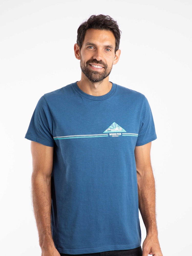 Weird Fish Blue Pyramid Vista Chest Stripe Graphic T-Shirt - Image 1 of 6 Weird Fish Blue Pyramid Vista Chest Stripe Graphic T-Shirt - Image 1 of 6