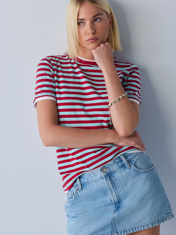 Blue/Red Striped Layered Short Sleeve Crew Neck T-Shirt - Image 1 of 8