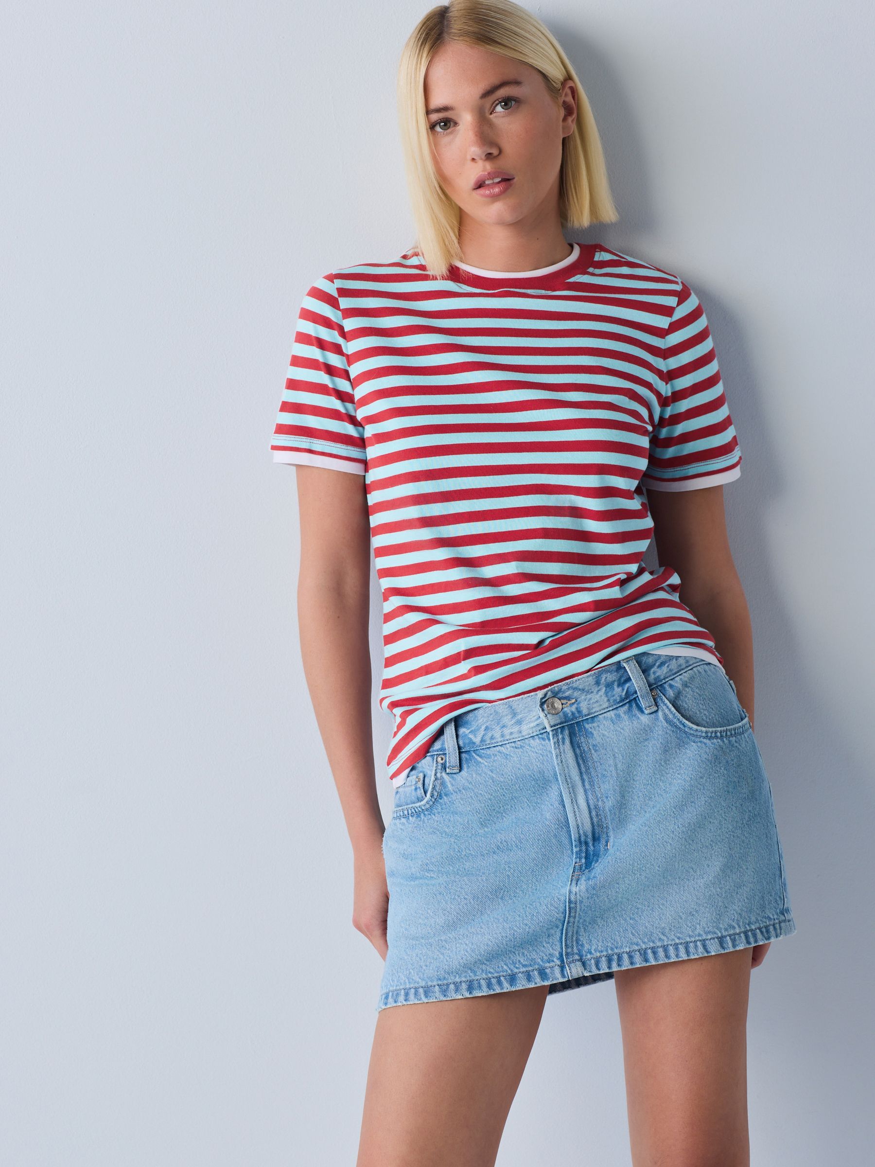 Buy Blue/Red Striped Layered Short Sleeve Crew Neck T-Shirt from