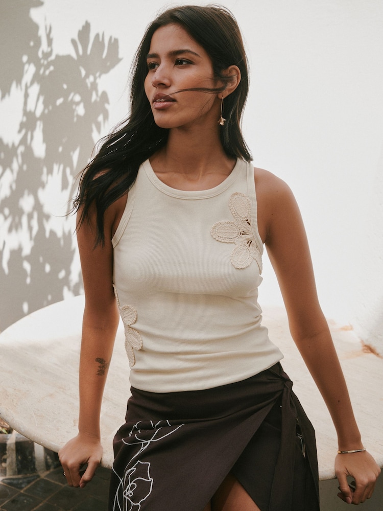 Ecru Ribbed Crochet Vest Top - Image 1 of 8