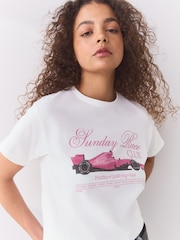 White/Pink Race Car Graphic Fitted Crew Neck T-Shirt - Image 1 of 6