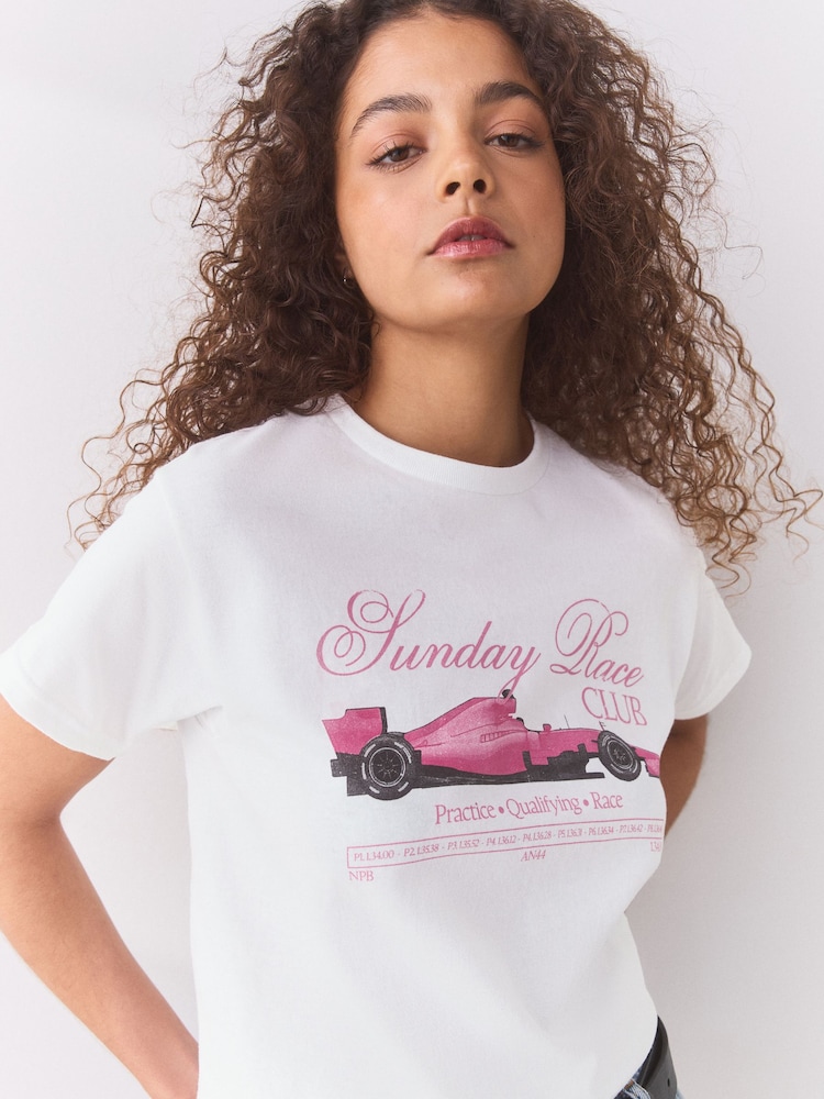 White/Pink Race Car Graphic Fitted Crew Neck T-Shirt - Image 1 of 6