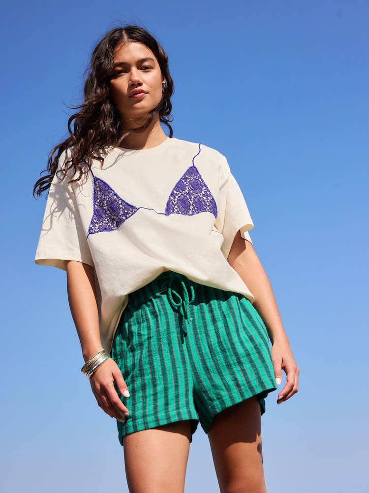 Ecru Bikini Graphic Crochet Short Sleeve Crew Neck T-Shirt - Image 1 of 4