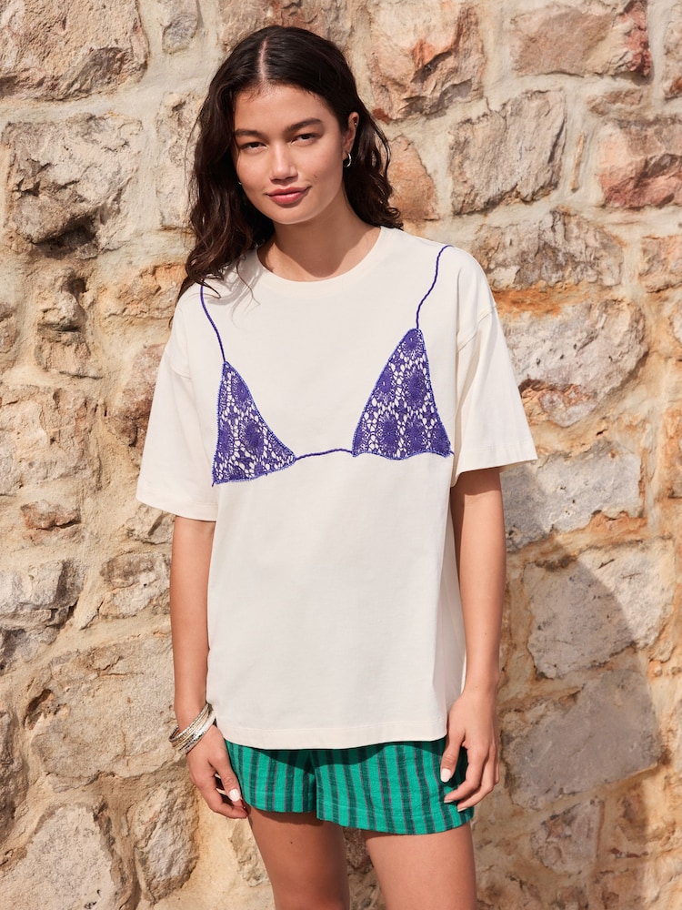 Ecru Bikini Graphic Crochet Short Sleeve Crew Neck T-Shirt - Image 2 of 4