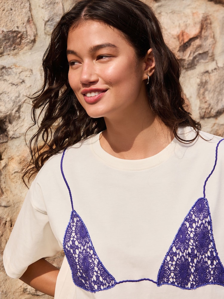 Ecru Bikini Graphic Crochet Short Sleeve Crew Neck T-Shirt - Image 4 of 4