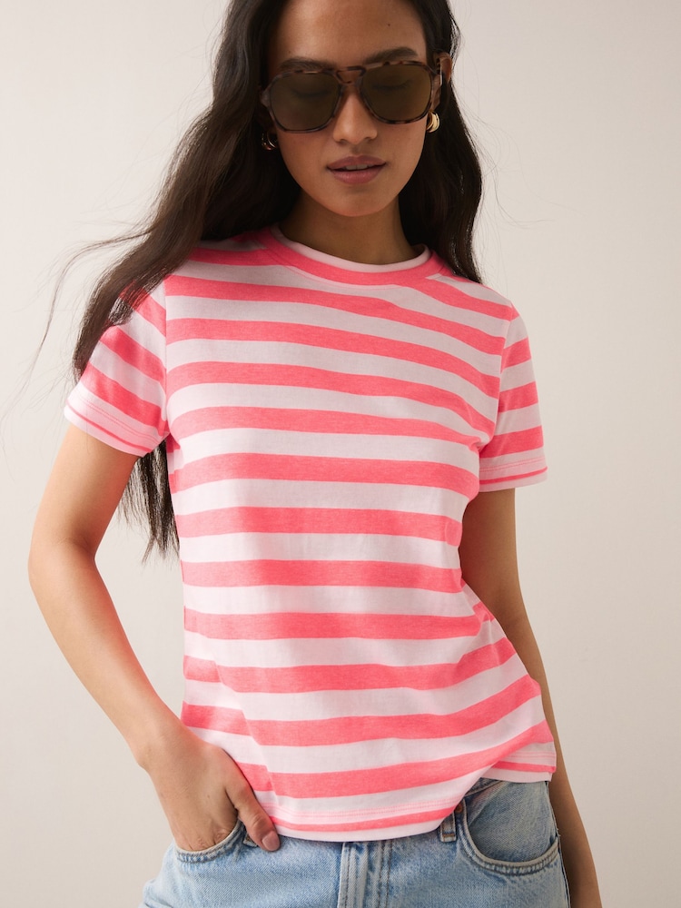 Bright Pink Striped Layered Short Sleeve Crew Neck T-Shirt - Image 1 of 7