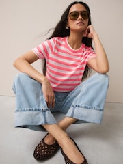 Bright Pink Striped Layered Short Sleeve Crew Neck T-Shirt - Image 2 of 7