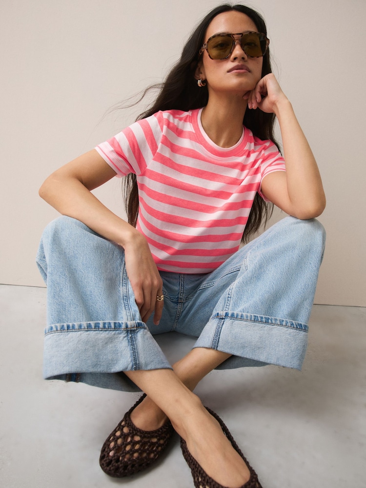 Bright Pink Striped Layered Short Sleeve Crew Neck T-Shirt - Image 2 of 7
