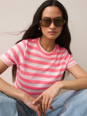 Bright Pink Striped Layered Short Sleeve Crew Neck T-Shirt - Image 3 of 7