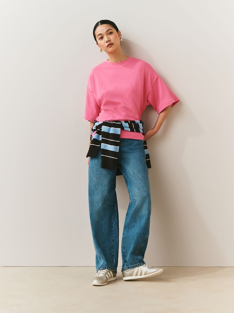 Bright Pink Oversized Boxy Fit Heavyweight Crew Neck T-Shirt - Image 2 of 7 Bright Pink Oversized Boxy Fit Heavyweight Crew Neck T-Shirt - Image 2 of 7