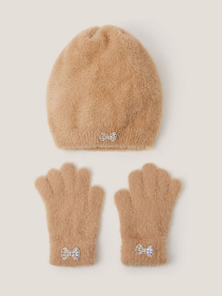 Monsoon Jewel Bow Fuzzy Knit Hat & Gloves Set - صورة 1 من 3 Monsoon Jewel Bow Fuzzy Knit Hat & Gloves Set - صورة 1 من 3