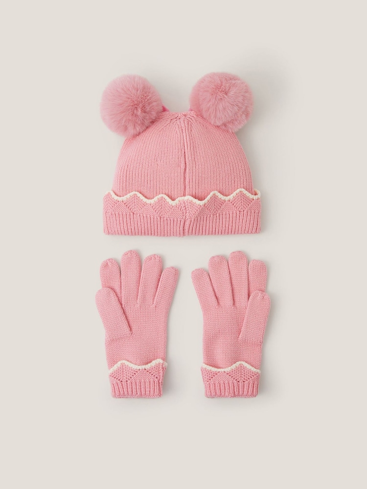 Monsoon Pink Scallop Beanie Hat & Mittens Set - Image 2 of 3