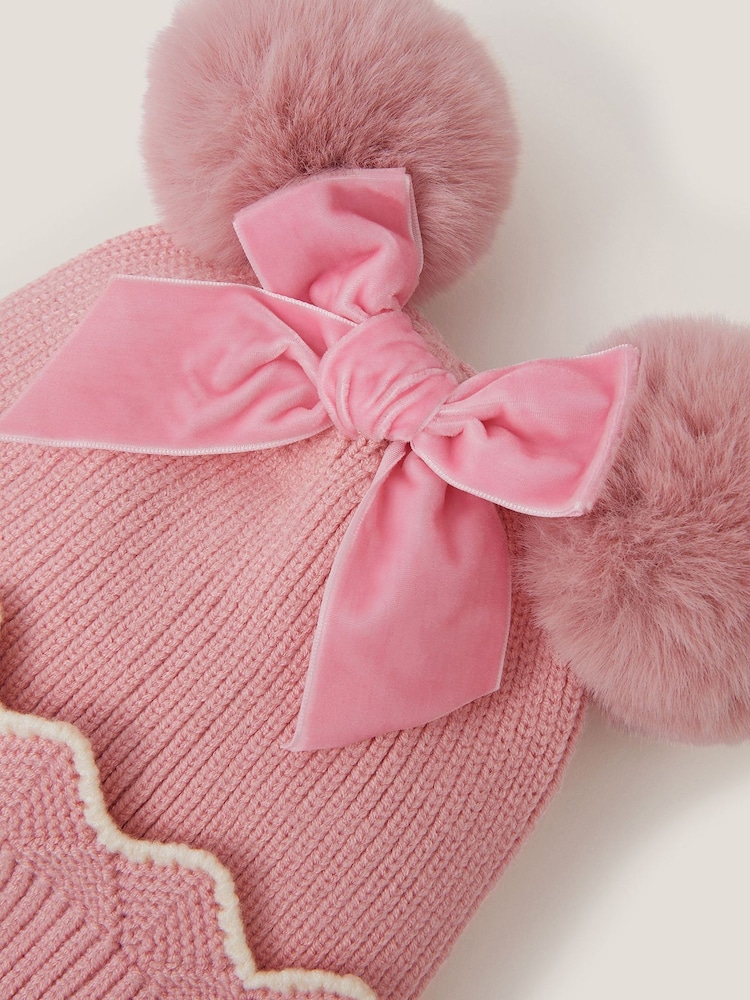 Monsoon Pink Scallop Beanie Hat & Mittens Set - Image 3 of 3