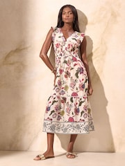 Lipsy White Cap Sleeve Floral Ruched Midi Dress - Image 1 of 4