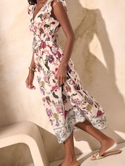 Lipsy White Cap Sleeve Floral Ruched Midi Dress - Image 2 of 4