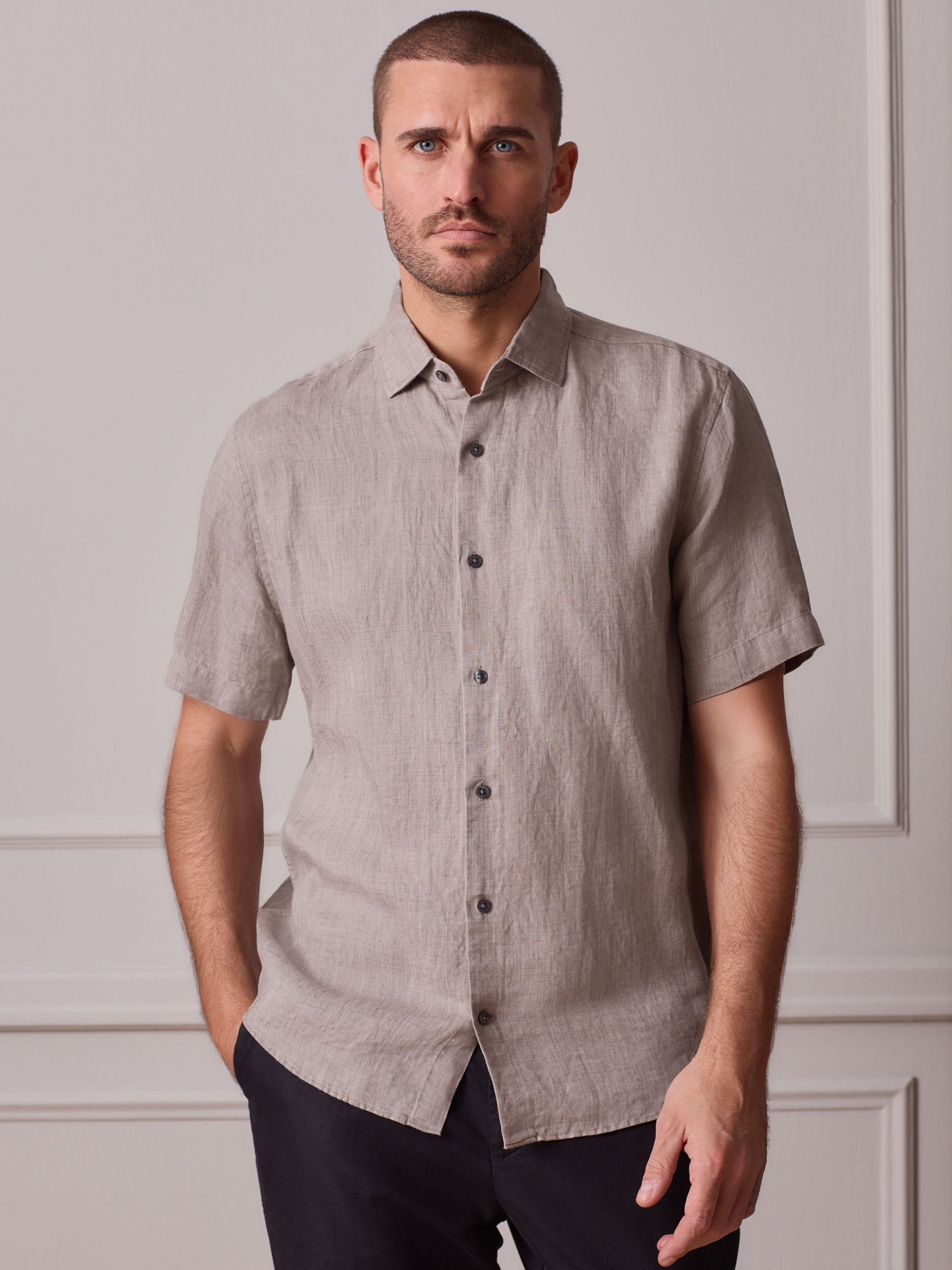 Buy Neutral Regular Fit Signature Twill Texture 100% Linen Short