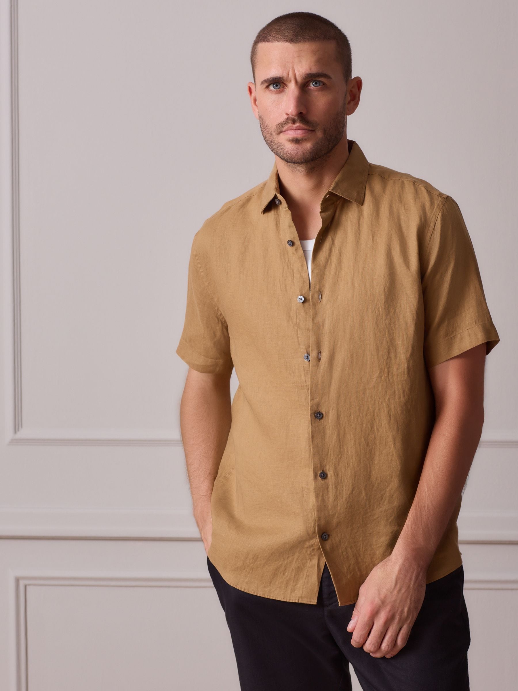 Buy Neutral Regular Fit 100% Linen Signature Short Sleeve Shirt