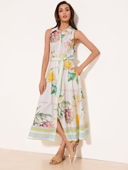 Lipsy White Fruit Print Cinched Waist Sleevless Belted Midi Collar  Shirt Dress - Image 2 of 5