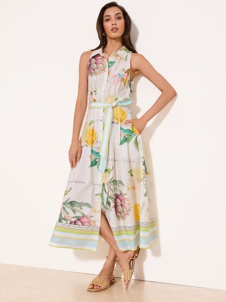 Lipsy White Fruit Print Cinched Waist Sleevless Belted Midi Collar  Shirt Dress - Image 2 of 5