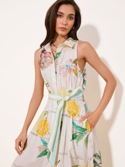 Lipsy White Fruit Print Cinched Waist Sleevless Belted Midi Collar  Shirt Dress - Image 3 of 5