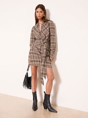Lipsy Neutral Check Mini Shirt Dress - Image 1 of 4