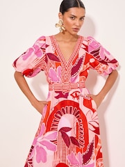 Lipsy Pink Floral Print Linen Look V-Neck Belted Puff Sleeve Midi Dress - Image 1 of 5
