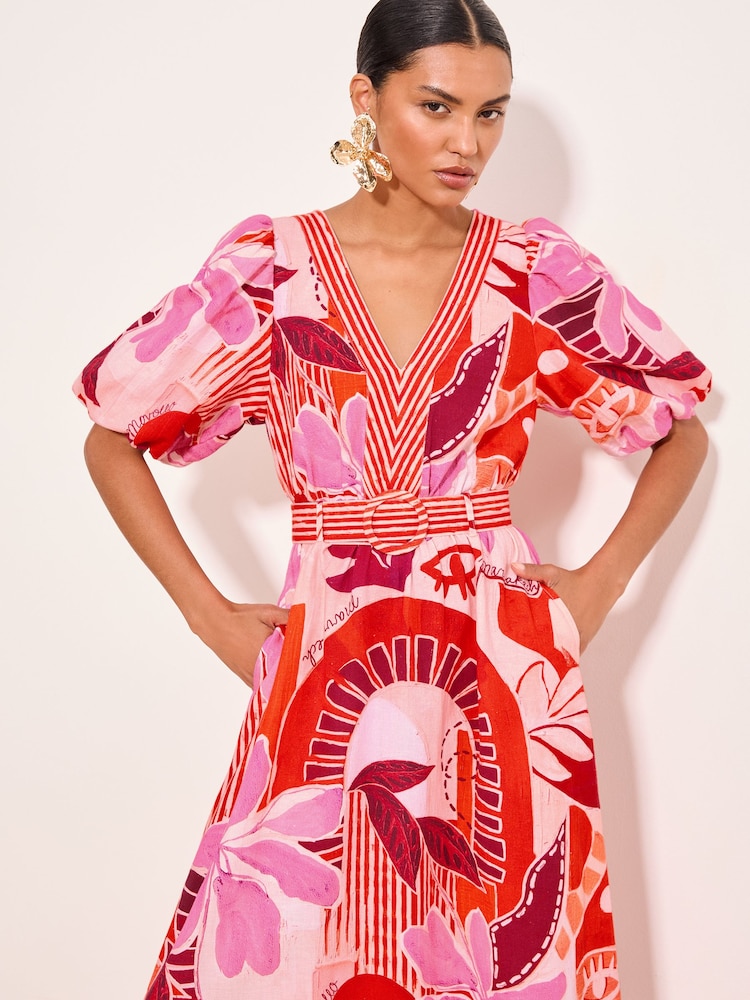 Lipsy Pink Floral Print Linen Look V-Neck Belted Puff Sleeve Midi Dress - Image 1 of 5