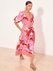 Lipsy Pink Floral Print Linen Look V-Neck Belted Puff Sleeve Midi Dress - Image 2 of 5
