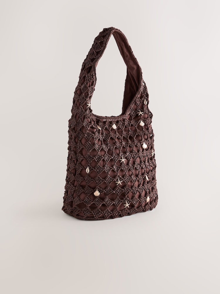 Chocolate Brown Shell Charm Crochet Effect Shoulder Bag - Image 1 of 5 Chocolate Brown Shell Charm Crochet Effect Shoulder Bag - Image 1 of 5