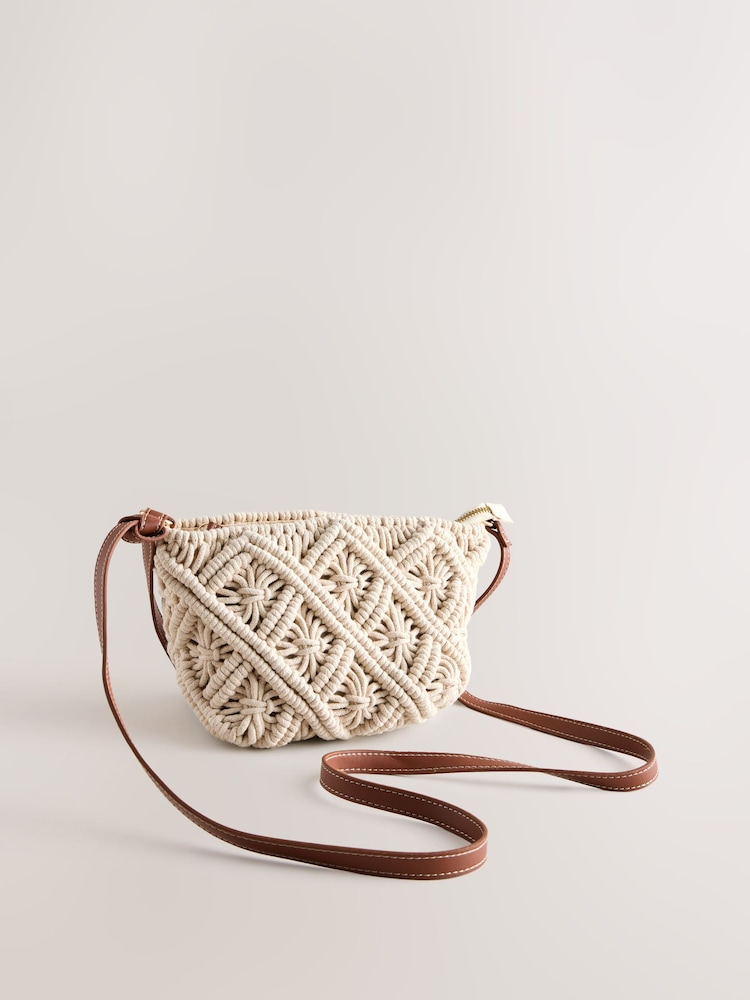 لون طبيعي - حقيبة تعلق حول الجسم مكرمية - صورة 1 من 8