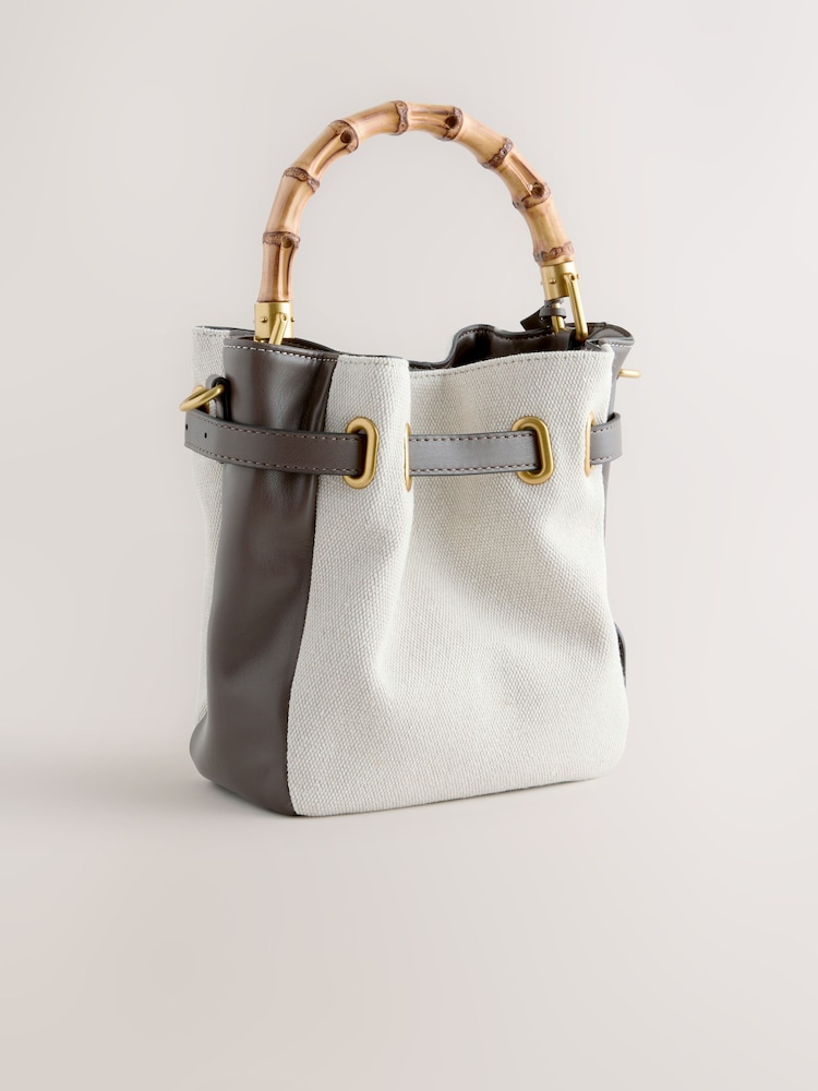 Chocolate Brown Wood Handle Canvas Effect Bag - Image 2 of 9