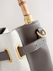 Chocolate Brown Wood Handle Canvas Effect Bag - Image 4 of 9