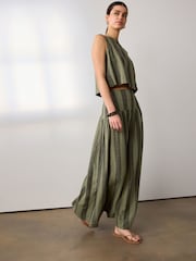 卡其绿条纹 - Dropwaist Linen Blend Maxi Skirt - 8的图像1｝
