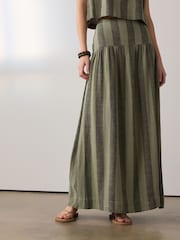 卡其绿条纹 - Dropwaist Linen Blend Maxi Skirt - 8的图像2｝
