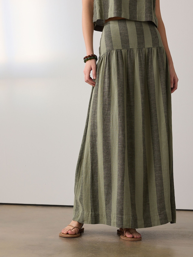 卡其绿条纹 - Dropwaist Linen Blend Maxi Skirt - 8的图像2｝