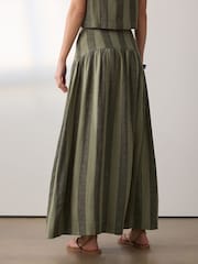 卡其绿条纹 - Dropwaist Linen Blend Maxi Skirt - 8的图像3｝