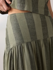 卡其绿条纹 - Dropwaist Linen Blend Maxi Skirt - 8的图像4｝