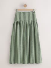 卡其绿条纹 - Dropwaist Linen Blend Maxi Skirt - 8的图像5｝