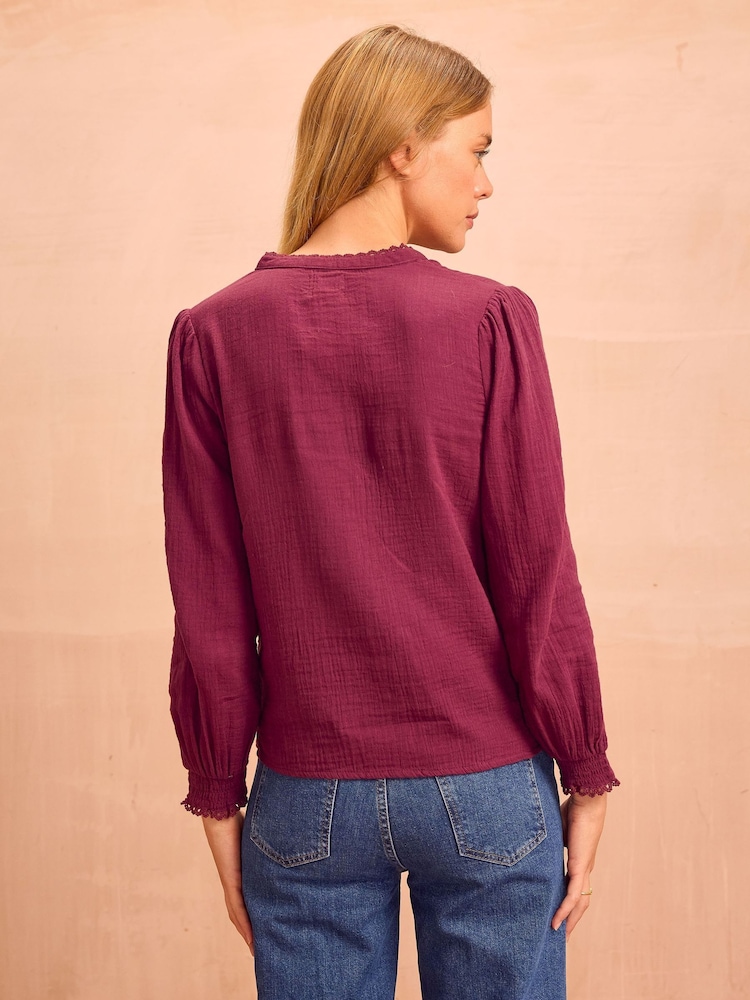 Aspiga Red Holly Pin Tuck Cotton Cheesecloth Long Sleeve Blouse - Image 2 of 3