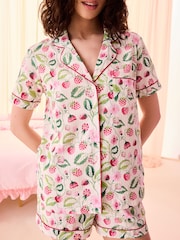 Cath Kidston Ecru Button Through Raspberry Print Shorts Pyjamas Set - Image 4 of 5