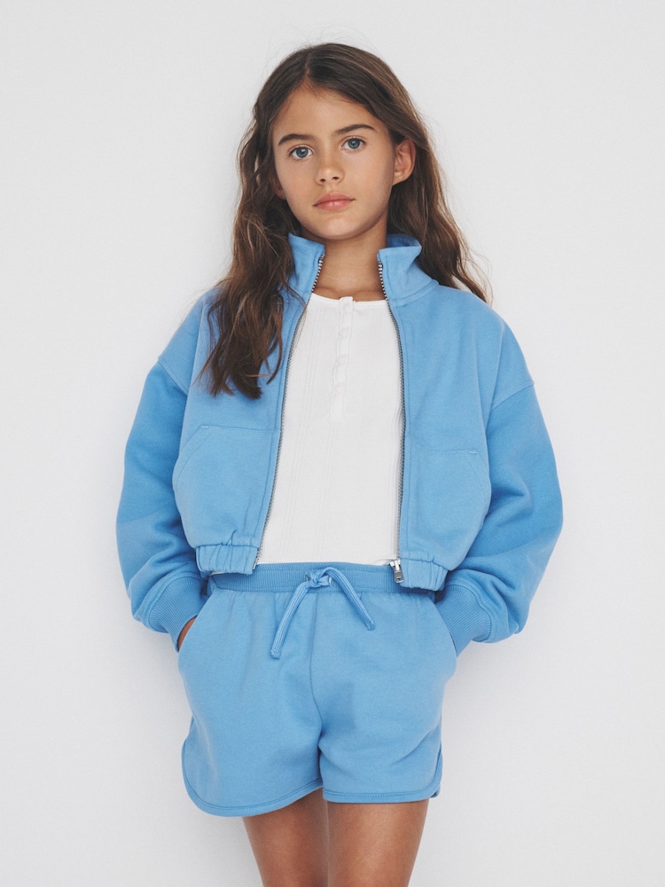 The Set 2 Pack Jersey Funnel Neck Zip Through Cropped Jacket and Shorts Pink/Blue - Image 1 of 7