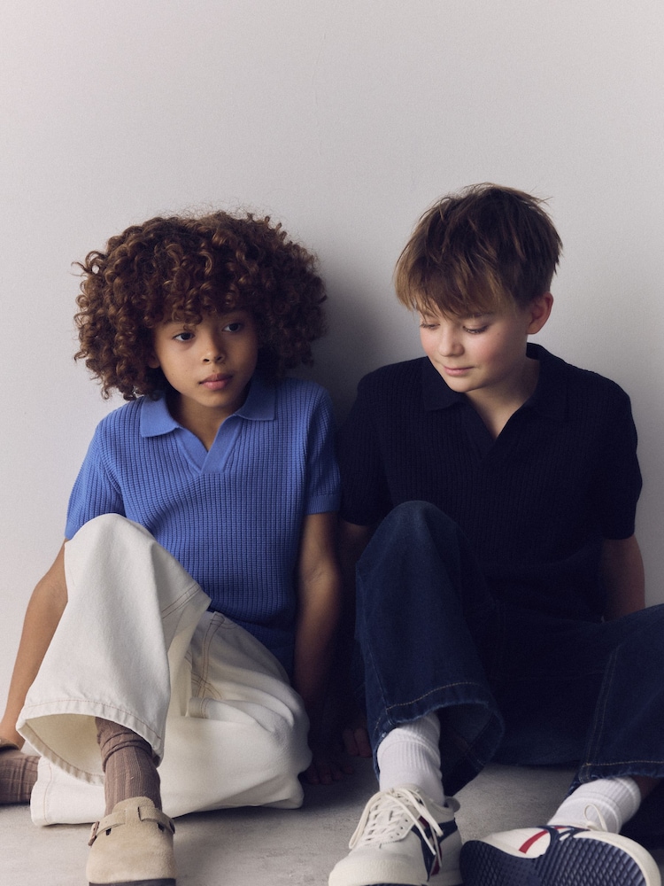 The Set 2 Pack Short Sleeve Textured Trophy Neck Jumpers Blue/Navy - Image 2 of 4