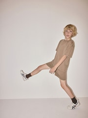 The Set 2 Pack Jersey Cotton Washed Oversized T-Shirt and Shorts Set Blue/Brown - Image 4 of 11